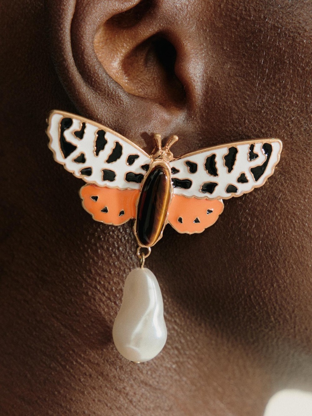 Anthropologie Enamel Butterfly Drop Earrings in Orange, White & Black with Pearl